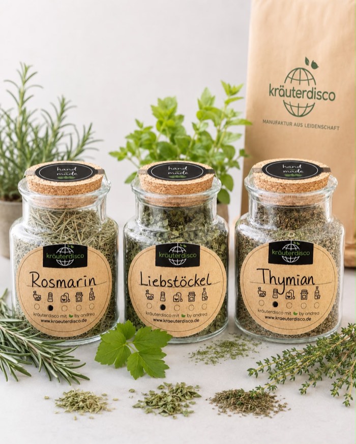 Gläser mit Rosmarin, Liebstöckel und Thymian